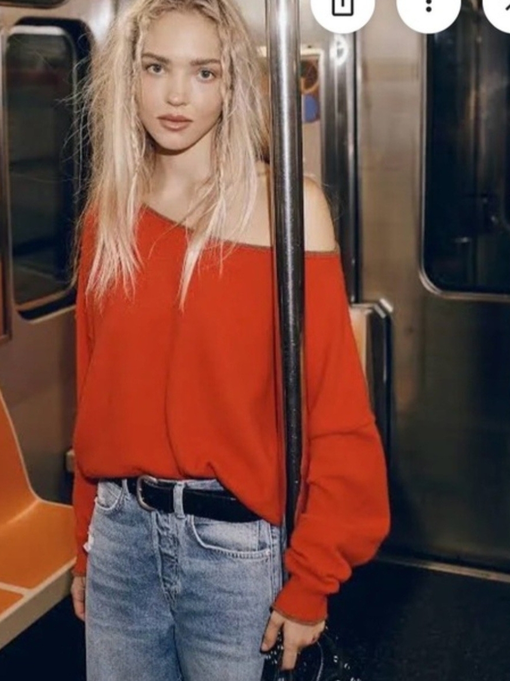Free People Red Off-the-Shoulder Slouchy Sweater
